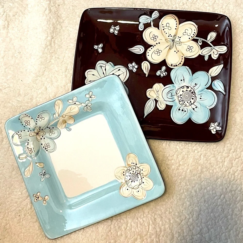 Pier 1 platter and dish set - brown and blue floral pattern 11x13 & 10x10 NWOT